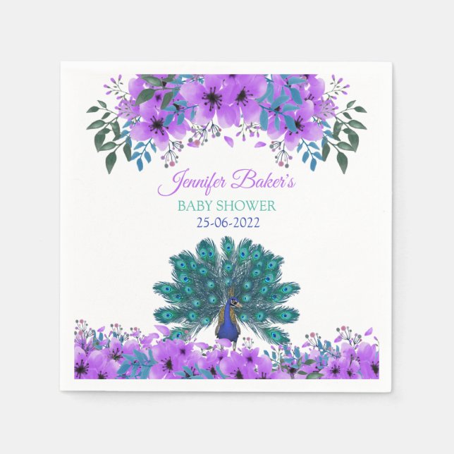 Serviette En Papier Peacock vert et bleu | Fleurs d'aquarelle violette (Devant)