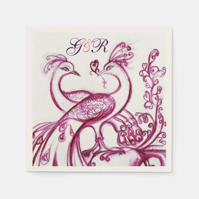 Serviette En Papier PEACOCKS EN AMOUR violet blanc Mariage Monogramme (Devant)