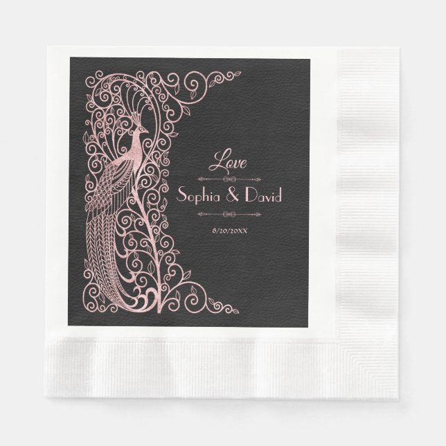 Serviette En Papier Peacocks rose Gold Art Déco Mariage noir (Devant)