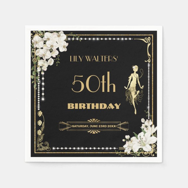 Serviette En Papier Pearls White Floral Art Déco Gatsby 20s Anniversai (Devant)