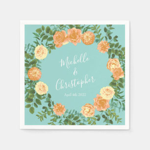 Serviette En Papier Pêche Aqua Turquoise Mariage Roses Floral