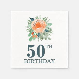 Serviette En Papier Pêche Jade Sarcelle Floral Aquarelle Anniversaire