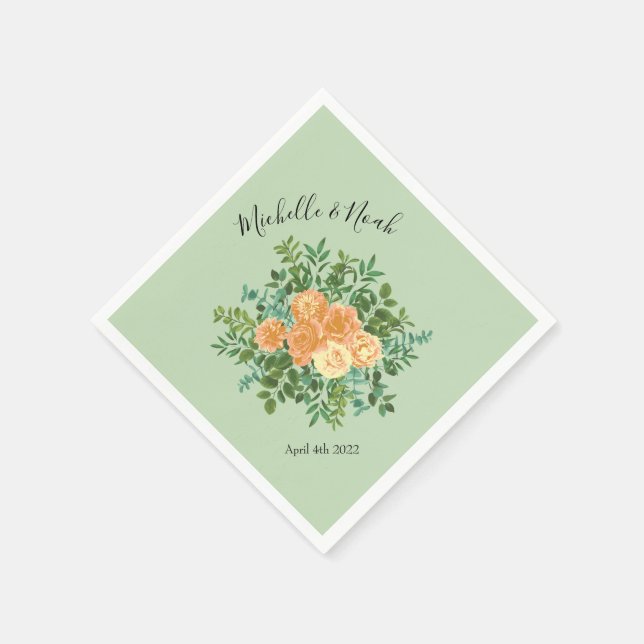 Serviette En Papier Pêche Mariage vert Printemps Pastel Floral (Coin)