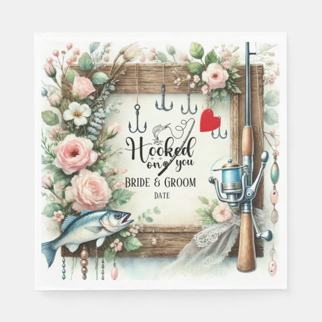 Serviette En Papier Pêcheur mariage avec verge et fleurs (Devant)