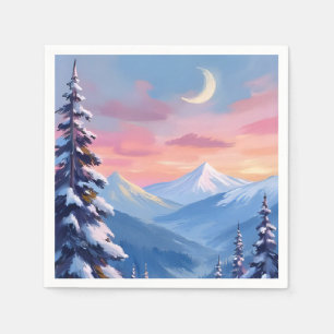 Serviette En Papier Peinture aquarelle d'hiver de lune de montagne