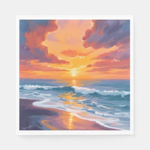 Serviette En Papier Peinture Aquarelle Océan Coucher de Soleil Plage