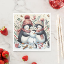 Penguins Construisant Un Snowman