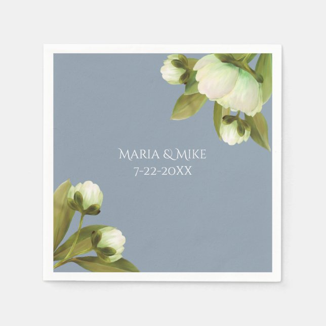 Serviette En Papier Peonies blanches avec serviettes bleu Dusty (Devant)