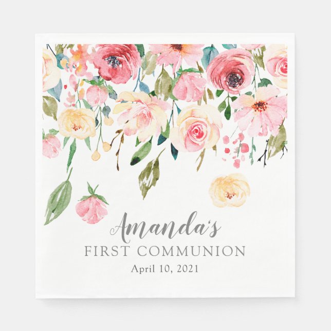 Serviette En Papier Peonies Rose Floral Première communion (Devant)