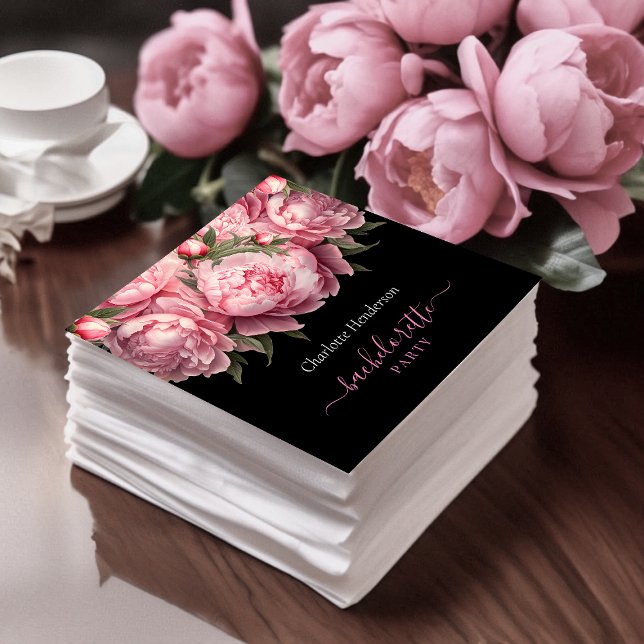 Serviette En Papier Peonies roses Black Bachelorette Party (Pink Peonies Watercolor Black Bachelorette Party Napkins)
