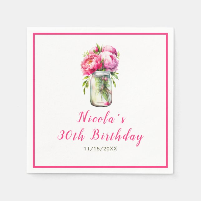 Serviette En Papier Peonies roses Mason Jar Anniversaire (Devant)