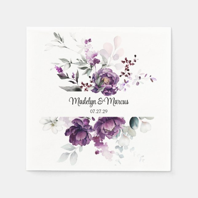 Serviette En Papier Peonies violettes Mariage floral serviettes (Devant)