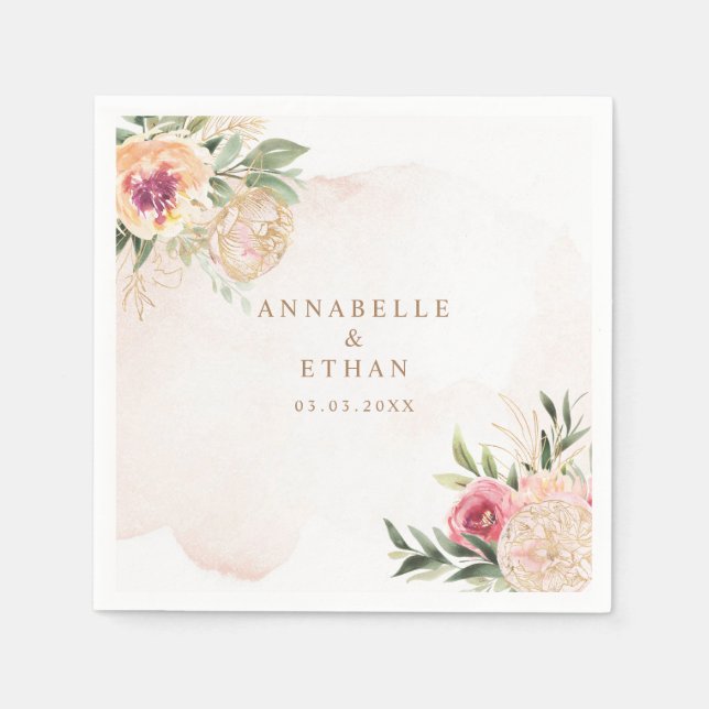 Serviette En Papier Peony et or Foil Mariage Napkin (Devant)