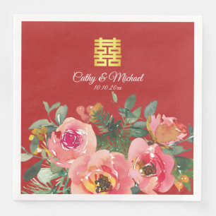 Serviette En Papier Peony floral double bonheur chinois mariage rouge