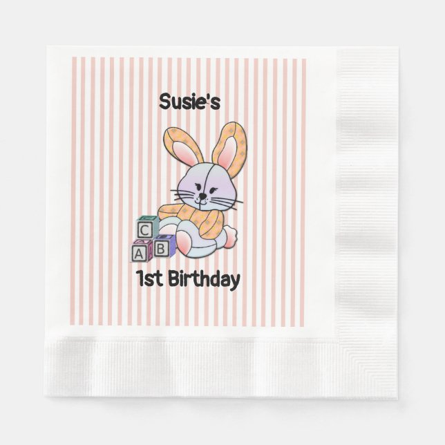 Serviette En Papier Pépinière à rayures roses personnalisées - Lapin (Devant)