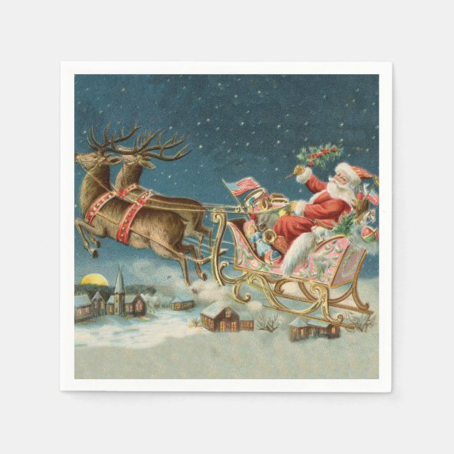 Serviette En Papier Père Noël Antique Sleigh Reindeer (Devant)