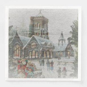 Serviette En Papier Père Noël d'autrefois avec des enfants devant une 
