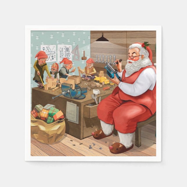 Serviette En Papier Père Noël Et Elfes Fabriquent Des Jouets | Noël (Devant)