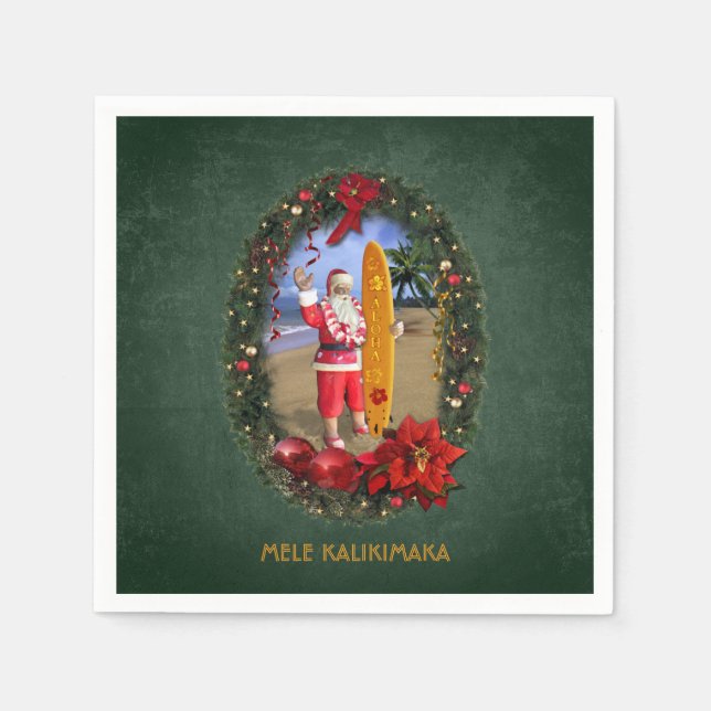 Serviette En Papier Père Noël hawaïenne avec Surfboard à la plage (Devant)