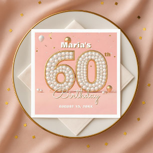 Serviette En Papier Perle d'Or et Rose Tendre Élégant 60e Anniversaire
