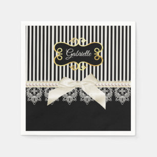 Serviette En Papier Perles et dentelle Black Stripes Crème Bow Gold No