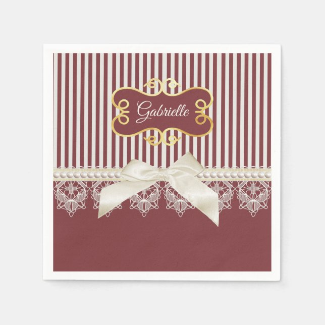 Serviette En Papier Perles et dentelle Deep Red Stripes Bow et nom (Devant)