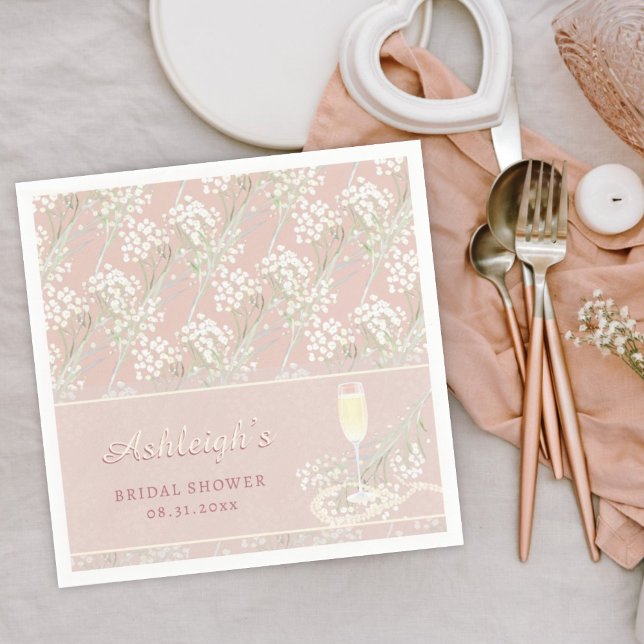 Serviette En Papier Perles & Prosecco Baby's Breath Blush Baby Shower (Créateur téléchargé)