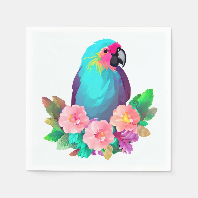 Serviette En Papier Perroquet bleu tropical aux fleurs tropicales (Devant)
