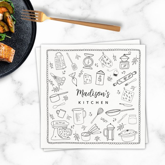 Serviette En Papier Personalized Hand Drawn Kitchen Cooking Utensils (In situ)