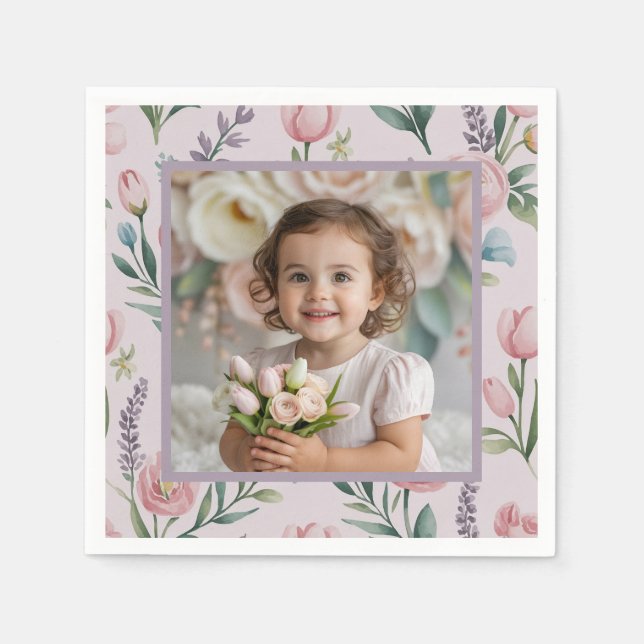 Serviette En Papier Personalized Pastel Floral Photo Birthday Girl (Devant)
