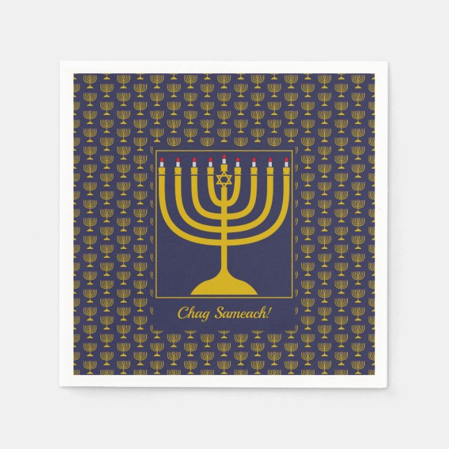 Serviette En Papier Personnalisable en bleu foncé | HANOUKKA | MENORAH (Devant)