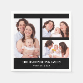 Serviette En Papier Personnalisé 3 sections Famille Photo Collage Blac