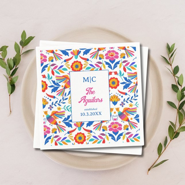 Serviette En Papier Personnalisé Art folklorique Floral Fiesta Mariage (Custom Folk Art Floral Fiesta Monogram Wedding Napkins)