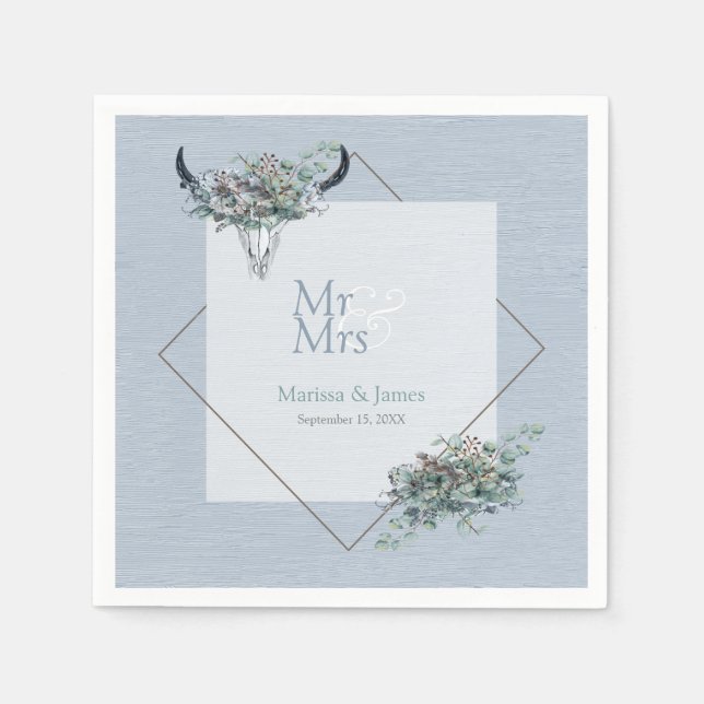 Serviette En Papier Personnalisé Dusty Blue Boho M. Mme Mariage (Devant)