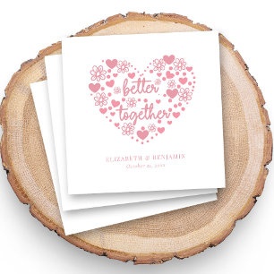 Serviette En Papier Personnalisé Elégant Coeur rose et Mariage de fleu