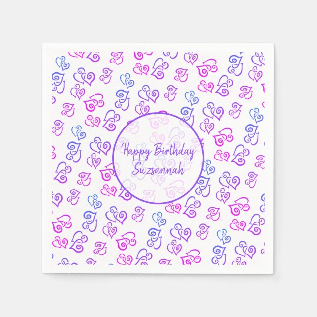 Serviette En Papier Personnalisé Lié rose violet Motif de coeur bleu (Devant)