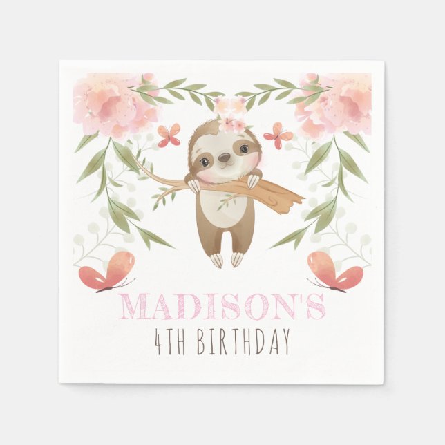 Serviette En Papier Personnalisé mignon Fille Sloth Anniversaire (Devant)