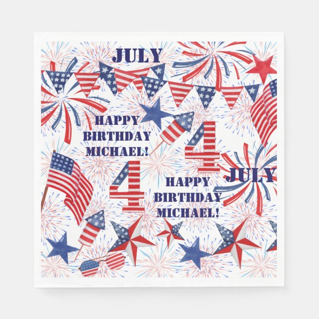 Serviette En Papier Personnaliser le nom Juillet Anniversaire Rouge Bl (Devant)