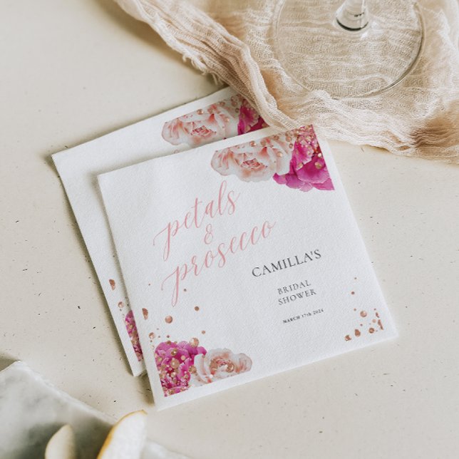 Serviette En Papier Pétales et Prosecco Écriture Florale Pailletée (Créateur téléchargé)