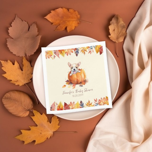 Serviette En Papier Petit Baby shower Citrouille de chiot (Pumpkin Puppy Baby Shower Napkins)