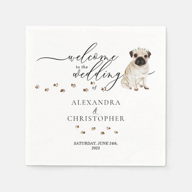 Serviette En Papier Petit chien Carlin Bienvenue au mariage (Devant)