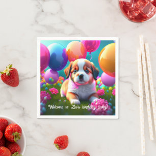Serviette En Papier Petit chiot avec ballons - anniversaire