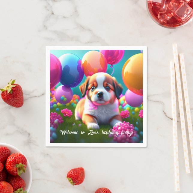 Serviette En Papier Petit chiot avec ballons - anniversaire (En situation)