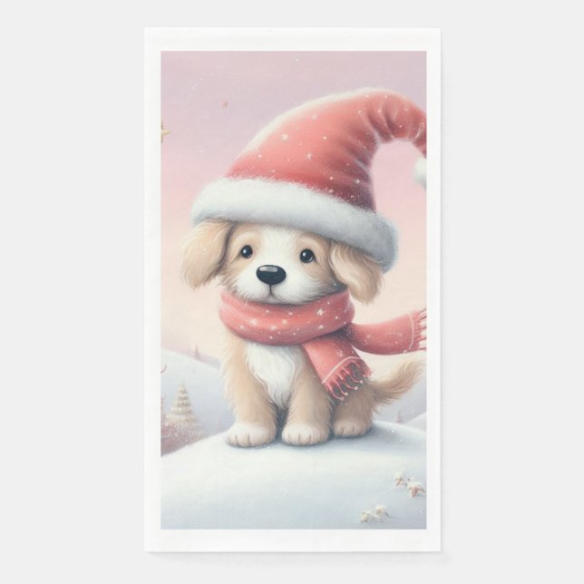Serviette En Papier Petit chiot de Noël en chapeau santa (Devant)