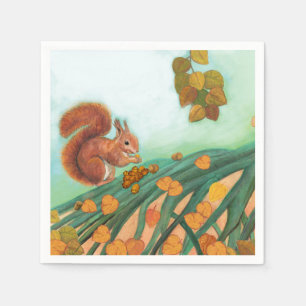 Serviette En Papier Petit Écureuil Rouge Mange des noisettes Illustrat