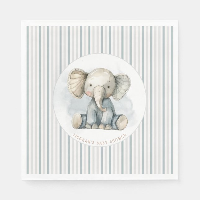 Serviette En Papier Petit Eléphant d'arachide Baby shower bleu rayé (Devant)