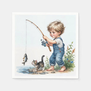 Serviette En Papier Petit Garçon Pêche Avec Kitten