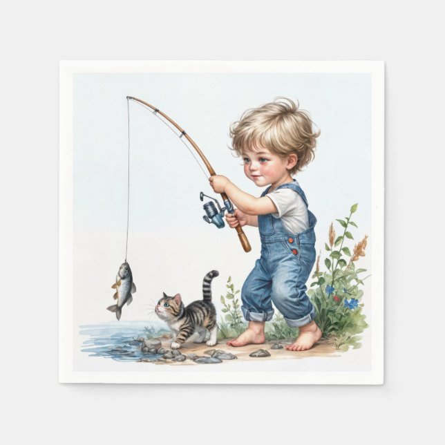Serviette En Papier Petit Garçon Pêche Avec Kitten (Devant)