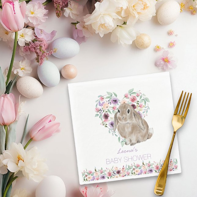 Serviette En Papier Petit Lapin Baby shower Floral Amour Coeur (Floral Rabbit Napkin from my Little Bunny & Little Lamb Baby Shower collection)