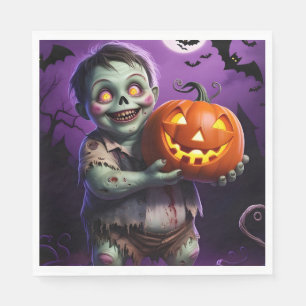 Serviette En Papier Petit Monstre Vert et ami Citrouille